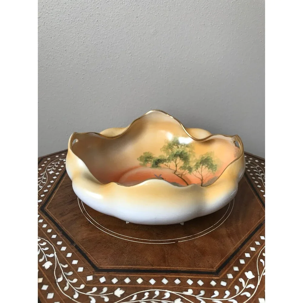 Vintage Nippon Ruffled Hand Painted Bowl Lake Scene Windmill